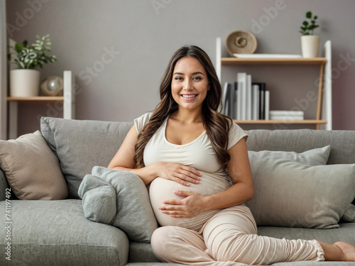 pregnant girl or woman touching big tummy enjoying pregnancy waiting for firstborn newborn baby