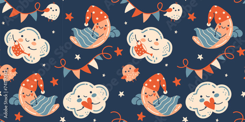 Seamless wallpaper. Dark night baby background. Hand drawn Scandinavian style repeat backdrop. Adorable vector wrapping paper or fabric. Kids bedroom or playroom decoration.