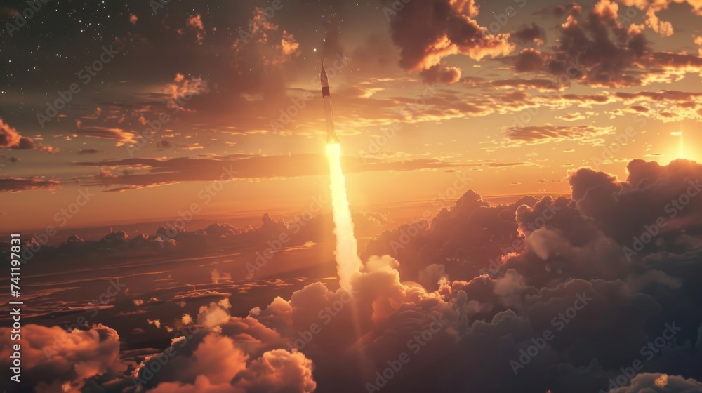 Space rocket launch at dusk exploration and adventure reaching for the stars - obrazy, fototapety, plakaty 