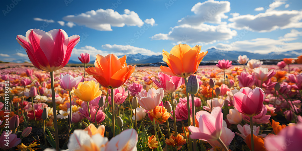 Colorful Tulip Field with Blue Cloudy Sky Landscape