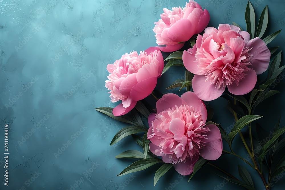 Peonies Blooming on Blue with Copy Space Peonies Blooming on Blue with Copy Space