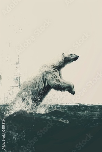 A polar bear jumping out of water. A majestic polar bear emerges from the icy depths, its powerful leap captured in a stunning sketch that embodies the untamed spirit of the arctic