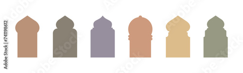 Set of oriental-style Islamic windows and arches with a modern boho design, mosque dome.