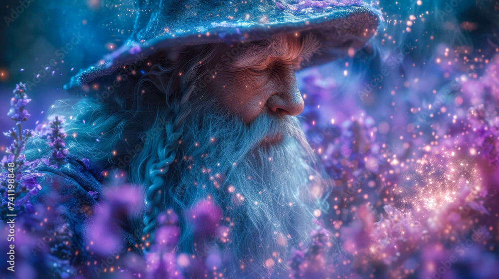 Portrait of an old man sage with a wizard beard wielding powerful magic fantasy character - obrazy, fototapety, plakaty 