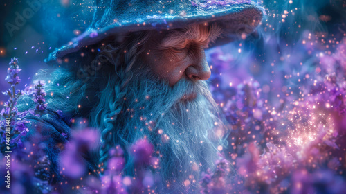 Portrait of an old man sage with a wizard beard wielding powerful magic fantasy character