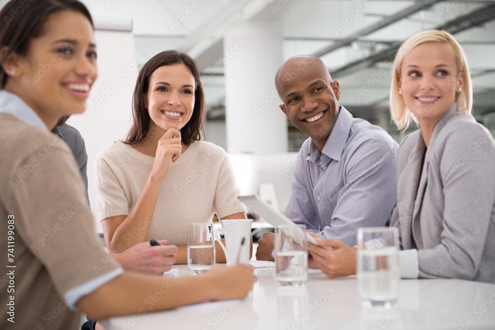 Fototapeta premium Corporate, office and business people with tablet in meeting, discussion and conversation for planning. Professional, company and men and women with tech for collaboration, presentation and workshop