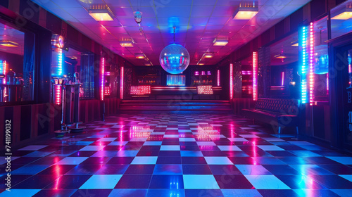 An empty retro-style disco club illuminated with vibrant neon lights and a shining disco ball reflecting on a checkered dance floor.