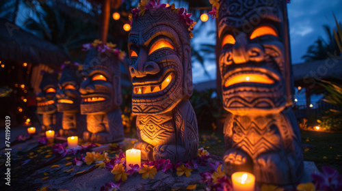 Traditional tiki torches glowing at dusk, surrounded by candles and tropical flowers, creating an enchanting evening atmosphere.