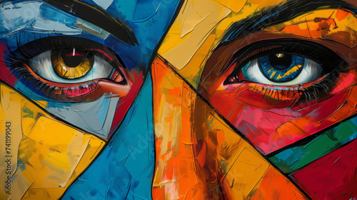 A mural of an abstract face painted with bold geometric shapes and vibrant colors, creating an impactful visual piece.