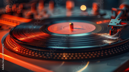 Close-up of a needle on a vinyl record on a turntable, illuminated by a soft, warm light.
