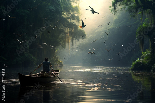 a man riding a boat on a river in the middle of the forest