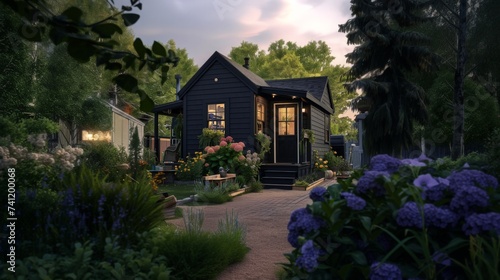 Beautiful wooden house with flowers in the garden on a sunny day