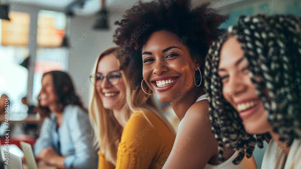 Women empower and support each other in the workplace. Diversity of nationality, white and black women. Three employee are sitting and smiling beside each other on a blurred workplace background.