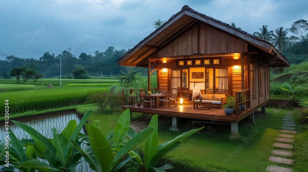 Discovery in the rice terraces, Thai style house with rice field, blue sky Discovery in the rice terraces, Thai style house with rice field, blue sky