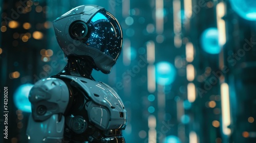 Fototapeta Naklejka Na Ścianę i Meble -  Cybersecurity robots patrol the mechanized cities of Earth a blue jewel in space