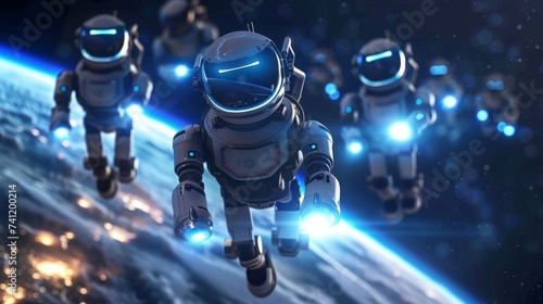 Futuristic robots navigate through heaven and hell guardians of the blue Earth in space