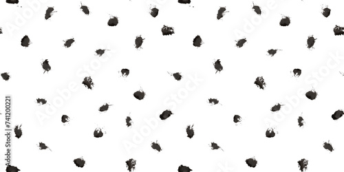 Dash pattern on white background. Wrapping paper with small black dots painted with a brush. Seamless simple minimal ornament. Abstract geometric grunge vector texture painted by ink
