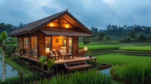 Discovery in the rice terraces, Thai style house with rice field, blue sky