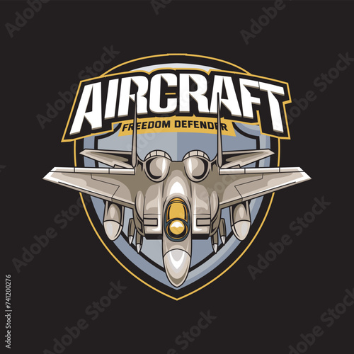 Vector Illustration Air Jet from front view with AIRCRAFT FREEDOM DEFENDER text Esport Logo