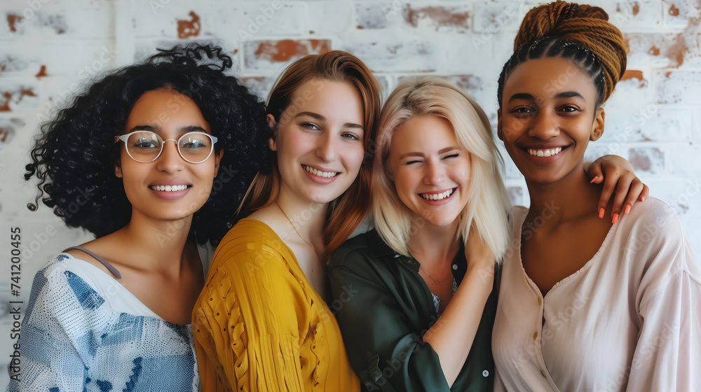 Women empower and support each other in the workplace. Diversity of nationality, black and white women. Four women are smiling and hugging each other on a blurred workplace background. - obrazy, fototapety, plakaty 