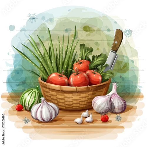 Watercolor painting of A basket of Spring vegetables with onions, tomatoes and garlic photo