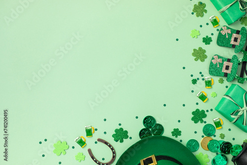Saint Patrick Day green background with hat, shamrock clover and accessories with gifts top view. Festive greeting card.