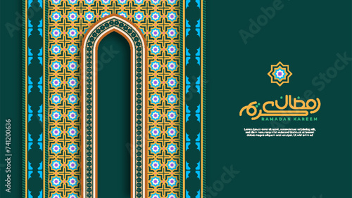 Ornamental pattern stone relief in the Arabic architectural style of an Islamic mosque, serving as a greeting card for Ramadan and Eid Mubarak. Calligraphy translation: Ramadan Kareem.
