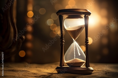 Vintage Hourglass Counting Down Time on a Warm Glowing Background, Concept of Passing Time
