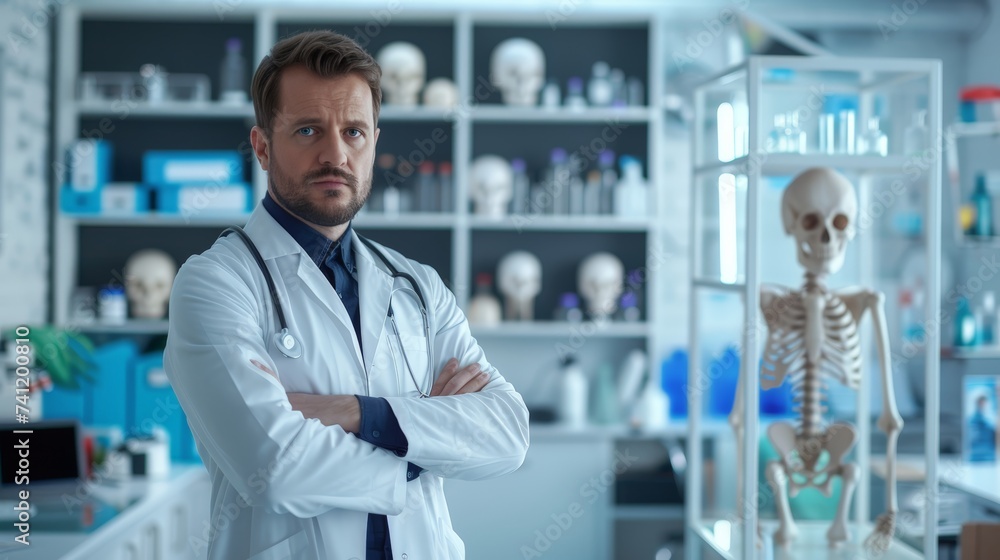 Focused male doctor crossed arms looking camera stands in clinical laboratory, human skeleton model visible in background, embodying expertise and professionalism in medical lab, surgeon physician Focused male doctor crossed arms looking camera stands in clinical laboratory, human skeleton model visible in background, embodying expertise and professionalism in medical lab, surgeon physician