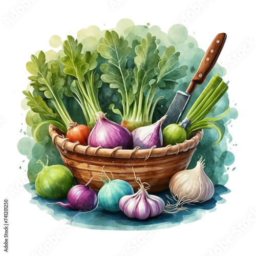 A basket of Spring vegetables with onions, tomatoes and garlic