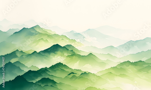 Hand drawn watercolor green mountain landscape, Generative AI