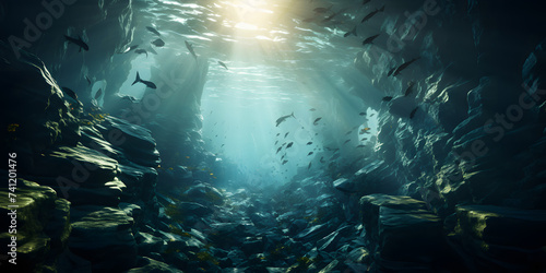 Deep and Dark Ocean with Sun Rays Reaching the Rocky Seabed. Underwater Scene