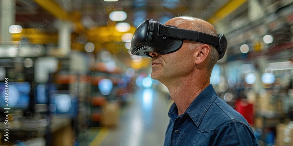A skilled engineer with a VR headset is overseeing production in an industrial manufacturing facility. A skilled engineer with a VR headset is overseeing production in an industrial manufacturing facility.