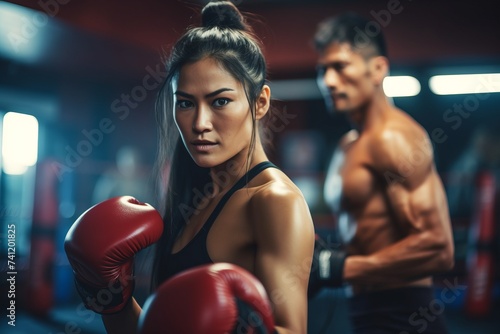 Close-up of Asian sport woman training in kickboxing with a coach photo