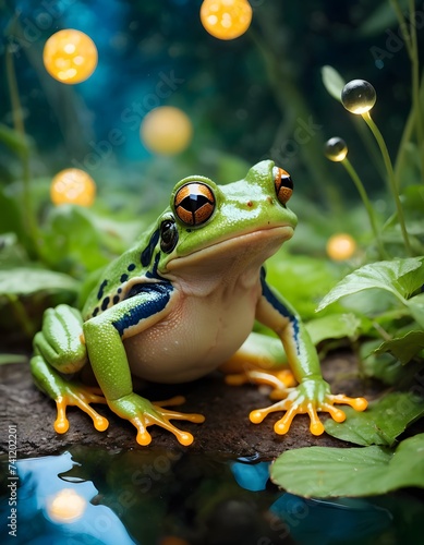 A True frog, an amphibian organism, is perched on a rock by a pond, showcasing its adaptation to life as a terrestrial animal