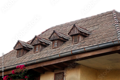 classic european roof and brick work with chimney