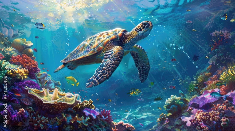 A majestic sea turtle gliding over a vibrant coral reef with sunbeams filtering through crystal clear waters A majestic sea turtle gliding over a vibrant coral reef with sunbeams filtering through crystal clear waters