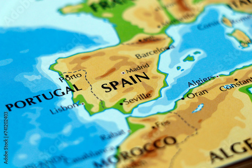 world map or atlas  of europe portugal and spain in close up