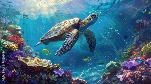 A majestic sea turtle gliding over a vibrant coral reef with sunbeams filtering through crystal clear waters © Thanaphon