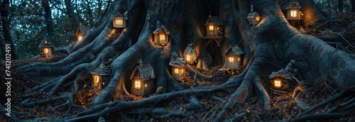 A gnome village at dusk tiny houses glowing with light nestled in the roots of an ancient tree