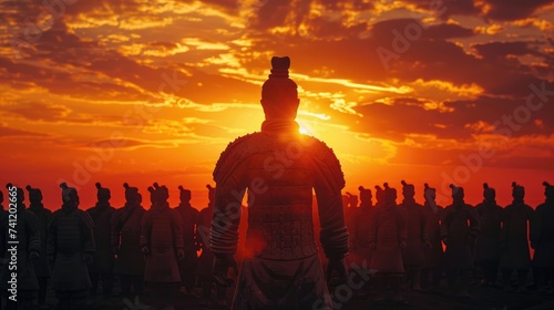 Sunrise over the Mausoleum of Emperor Qin terracotta army silhouetted against a fiery sky history awakening photo