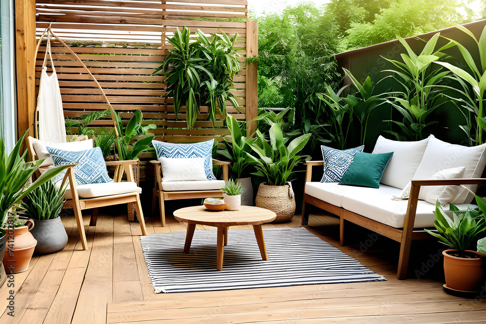Real photo of relaxing boho zone in home. Wooden floor on terrace with comfy furniture and green plants. Decoration concept. Sunny summer day.