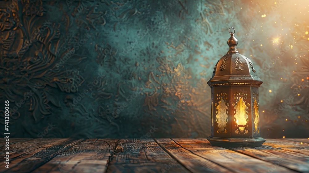 Ramadan concept. Close-up date in foreground. Ramadan Lantern on wooden table. Textured wall background. Space for text on the right - Eid Ul Fitr - generative ai - obrazy, fototapety, plakaty 