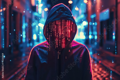 Hoodie hacker cyber security using laptop. Techonology and business concept. Generative ai.. photo