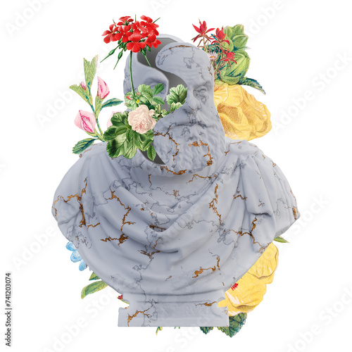 Marcantonio Ruzzini statues 3d render, collage with flower petals compositions for your work