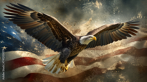 patriotic eagle flying in sky with US flag, generative ai
