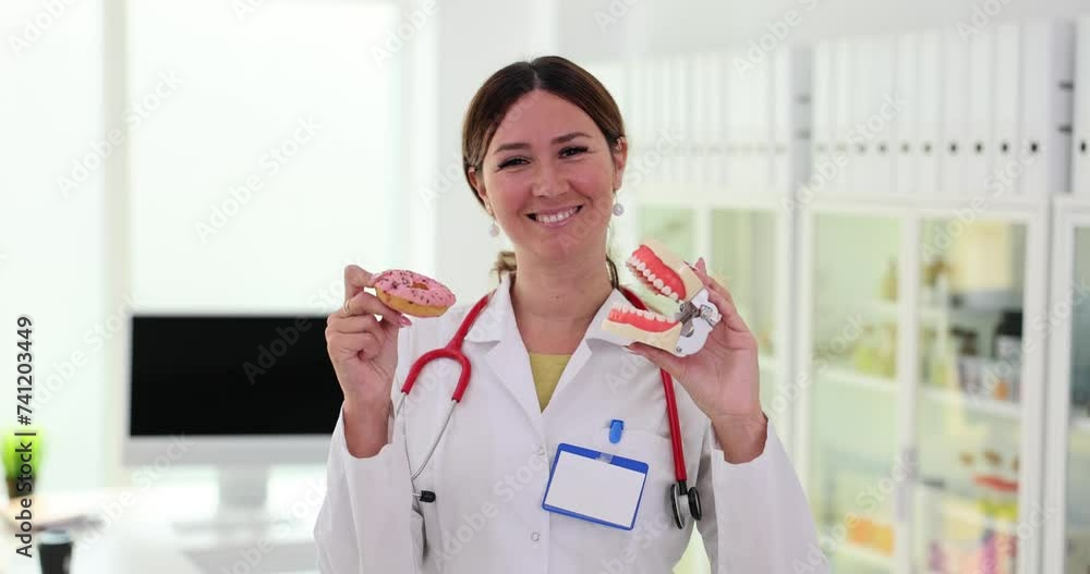 Dentist holding sweet flour donut and jaw Dentist holding sweet flour donut and jaw