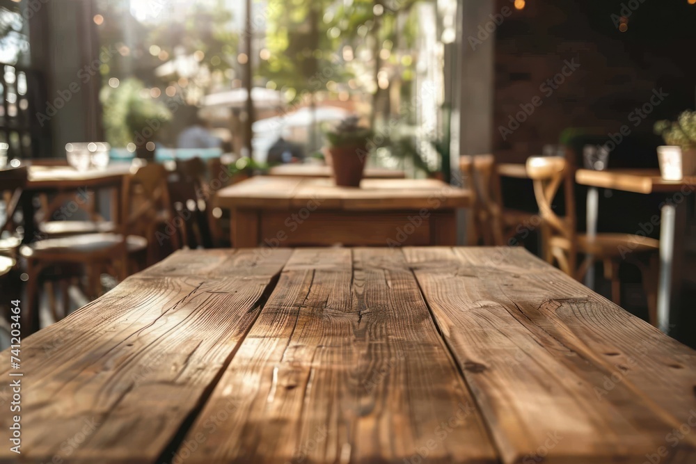 Empty beautiful wooden table with blur modern restaurant cafe background Empty beautiful wooden table with blur modern restaurant cafe background