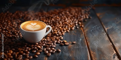 A freshly brewed espresso in a white cup surrounded by roasted coffee beans on a rustic wooden table.