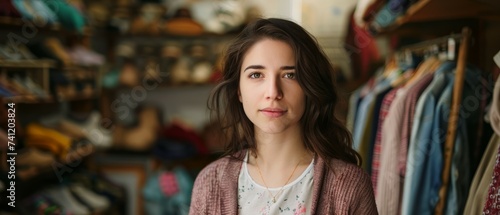 Portrait of young smiling Caucasian brunette woman. Concept of consumerism in second hand shop. business woman standing in her modern small clothing shop surrounded by cloths. Generative ai